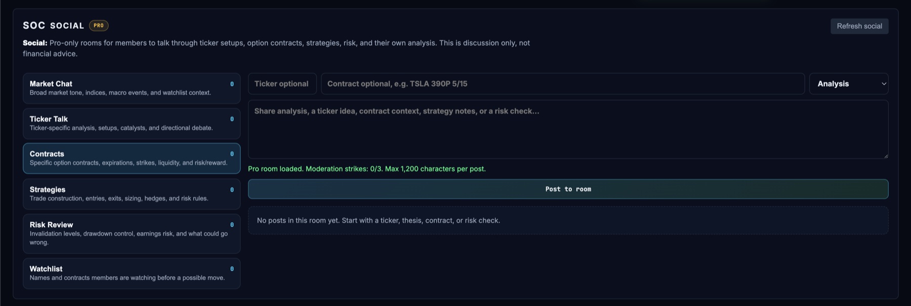 Social rooms preview for market chat, ticker talk, contracts, strategies, risk review, and watchlists